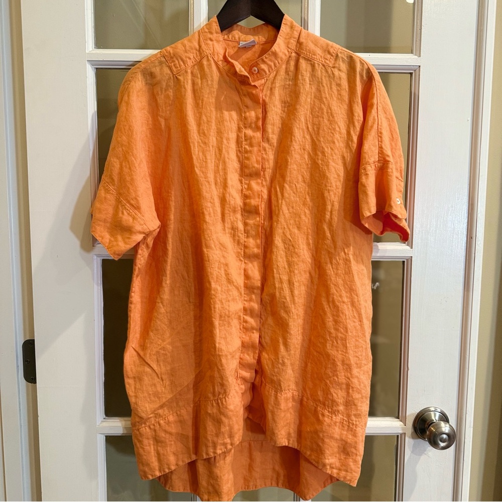 Aspesi Women 100% Orange Linen Button Short Sleeve Shirt Concealed Button